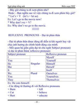 Ngữ pháp tiếng anh Biên soạn:TĐT
- Bây giờ chúng ta đi xem phim nhé?
Hoặc: - Bạn nghĩa sao về việc chúng ta đi xem phim bây giờ?
* Let’s + V (let’s = let us)
Ex: Let’s go to the movie now!
* Why don’t we + V?
Ex: Why don’t we go to the movie.
ccccccc
REFLEXIVE PRONOUNS – Đại từ phản thân
- Đại từ phản thân được dùng để diễn tả khi người hay vật
chịu ảnh hưởng do chính hành động của mình.
- Mối quan hệ giữa giữa đại từ chủ ngữ( Subject pronoun)
và đại từ phản thân( reflexive pronoun)
Subject pronoun Reflexive pronoun
I
Singular
Myself
You Yourself
He Himself
She Herself
It Itself
We Plural Ourselves
You Yourselves
They Themselves
Ex: He cuts himself.
- Các động từ thường đi với Reflexive pronouns
+ Burn + kill
+ Cut + behave
+ Hurt + educate
- 41 -
 
