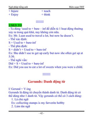 Ngữ pháp tiếng anh Biên soạn:TĐT
+ Injure + teach
+ Enjoy + think
ccccccc
USED TO
- Ta dùng ‘used to + bare – inf để diễn tả 1 hoạt động thường
xảy ra trong quá khứ, nay không còn nữa.
Ex: Mr. Luan used to travel a lot, but now he doesn’t.
- Thể xác định:
S + Used to + bare-inf
- Thể phủ định:
S + didn’t + Used to + bare-inf
Ex: She didn’t use to get up early but now she often get up at
5:30.
- Thể nghi vấn:
Did + S + Used to + bare-inf
Ex: Did you use to eat a lot of sweets when you were a child.
ccccccc
Gerunds: Danh động từ
I/ Gerund + V-ing
Gerunds là động từ chuyển thành danh từ. Danh động từ có
thể dùng như 1 danh từ. Vậy gerunds có thể có 3 cách dùng:
1. Là chủ ngữ
Ex: collecting stamps is my farvorite hobby
2. Làm tân ngữ
- 42 -
 