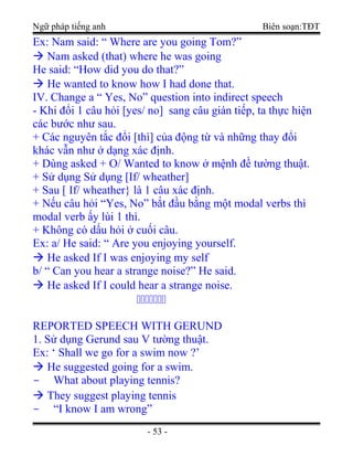 Ngữ pháp tiếng anh Biên soạn:TĐT
Ex: Nam said: “ Where are you going Tom?”
 Nam asked (that) where he was going
He said: “How did you do that?”
 He wanted to know how I had done that.
IV. Change a “ Yes, No” question into indirect speech
- Khi đổi 1 câu hỏi [yes/ no] sang câu gián tiếp, ta thực hiện
các bước như sau.
+ Các nguyên tắc đổi [thì] của động từ và những thay đổi
khác vẫn như ở dạng xác định.
+ Dùng asked + O/ Wanted to know ở mệnh đề tường thuật.
+ Sử dụng Sử dụng [If/ wheather]
+ Sau [ If/ wheather} là 1 câu xác định.
+ Nếu câu hỏi “Yes, No” bắt đầu bằng một modal verbs thì
modal verb ấy lùi 1 thì.
+ Không có dấu hỏi ở cuối câu.
Ex: a/ He said: “ Are you enjoying yourself.
 He asked If I was enjoying my self
b/ “ Can you hear a strange noise?” He said.
 He asked If I could hear a strange noise.

REPORTED SPEECH WITH GERUND
1. Sử dụng Gerund sau V tường thuật.
Ex: ‘ Shall we go for a swim now ?’
 He suggested going for a swim.
- What about playing tennis?
 They suggest playing tennis
- “I know I am wrong”
- 53 -
 