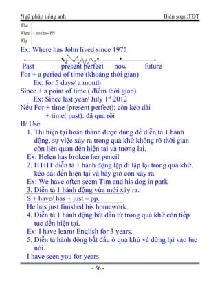 Ngữ pháp tiếng anh Biên soạn:TĐT
PP?have/has
Why
Where
What
++





Ex: Where has John lived since 1975
Past present perfect now future
For + a period of time (khoảng thời gian)
Ex: for 5 days/ a month
Since + a point of time ( điểm thời gian)
Ex: Since last year/ July 1st
2012
Nếu For + time (present perfect): còn kéo dài
+ time( past): đã qua rồi
II/ Use
1. Thì hiện tại hoàn thành được dùng để diễn tả 1 hành
động, sự việc xảy ra trong quá khứ không rõ thời gian
còn liên quan đến hiện tại và tương lai.
Ex: Helen has broken her pencil
2. HTHT diễn tả 1 hành động lặp đi lặp lại trong quá khứ,
kéo dài đến hiện tại và bây giờ còn xảy ra.
Ex: We have often seem Tim and his dog in park
3. Diễn tả 1 hành động vừa mới xảy ra.
S + have/ has + just – pp.
He has just finished his homework.
4. Diễn tả 1 hành động bắt đầu từ trong quá khứ còn tiếp
tục đến hiện tại.
Ex: I have learnt English for 3 years.
5. Diễn tả hành động bắt đầu ở quá khứ và dừng lại vào lúc
nói.
I have seen you for years
- 56 -
 