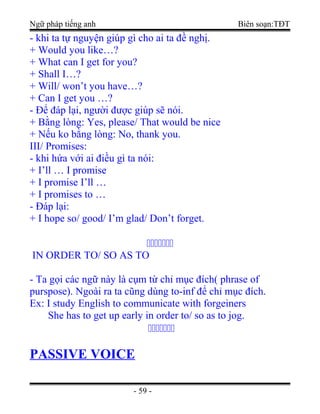 Ngữ pháp tiếng anh Biên soạn:TĐT
- khi ta tự nguyện giúp gì cho ai ta đề nghị.
+ Would you like…?
+ What can I get for you?
+ Shall I…?
+ Will/ won’t you have…?
+ Can I get you …?
- Để đáp lại, người được giúp sẽ nói.
+ Bằng lòng: Yes, please/ That would be nice
+ Nếu ko bằng lòng: No, thank you.
III/ Promises:
- khi hứa với ai điều gì ta nói:
+ I’ll … I promise
+ I promise I’ll …
+ I promises to …
- Đáp lại:
+ I hope so/ good/ I’m glad/ Don’t forget.

IN ORDER TO/ SO AS TO
- Ta gọi các ngữ này là cụm từ chỉ mục đích( phrase of
purspose). Ngoài ra ta cũng dùng to-inf để chỉ mục đích.
Ex: I study English to communicate with forgeiners
She has to get up early in order to/ so as to jog.

PASSIVE VOICE
- 59 -
 