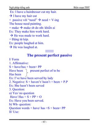 Ngữ pháp tiếng anh Biên soạn:TĐT
Ex: I have a hairdresser cut my hair.
 I have my hair cut
+ passive với “need”  need + V-ing
The house need painting.
+ make  make sb do sth: khiến ai
Ex: They make him work hard.
 He was made to work hard.
+ Động từ kép.
Ex: people laughed at him.
 He was laughed at.

The present perfect passive
I/ Form
1. Affirmative:
S + have/has + been+ PP
Have been present perfect of to be
Has been
Ex: I’ve have been served by lady
2. Negative: S + haven’t/ hasn’t + been + P.P
Ex: She hasn’t been served
3. Question:
a) Yes/ no question
Have/ Has + S + PP + O
Ex: Have you been served.
b) Wh- question:
Question words + have/ has +S + been+ PP
II/ Use:
- 63 -
 