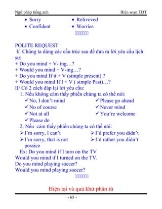 Ngữ pháp tiếng anh Biên soạn:TĐT
• Sorry
• Confident
• Reliveved
• Worries

POLITE REQUEST
I/ Chúng ta dùng các cấu trúc sau để đưa ra lời yêu cầu lịch
sự:
+ Do you mind + V- ing…?
+ Would you mind + V-ing…?
+ Do you mind If it + V (simple present) ?
+ Would you mind If I + V ( simple Past)…?
II/ Có 2 cách đáp lại lời yêu cầu:
1. Nếu không cảm thấy phiền chúng ta có thể nói:
No, I don’t mind
No of course
Not at all
Please do
Please go ahead
Never mind
You’re welcome
2. Nếu cảm thấy phiền chúng ta có thể nói:
I’m sorry, I can’t
I’m sorry, that is not
possice
I’d prefer you didn’t
I’d rather you didn’t
Ex: Do you mind if I turn on the TV
Would you mind if I turned on the TV.
Do you mind playing soccer?
Would you mind playing soccer?

Hiện tại và quá khứ phân từ
- 65 -
 