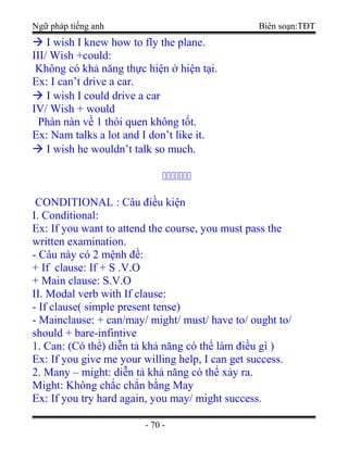 Ngữ pháp tiếng anh Biên soạn:TĐT
 I wish I knew how to fly the plane.
III/ Wish +could:
Không có khả năng thực hiện ở hiện tại.
Ex: I can’t drive a car.
 I wish I could drive a car
IV/ Wish + would
Phàn nàn về 1 thói quen không tốt.
Ex: Nam talks a lot and I don’t like it.
 I wish he wouldn’t talk so much.

CONDITIONAL : Câu điều kiện
I. Conditional:
Ex: If you want to attend the course, you must pass the
written examination.
- Câu này có 2 mệnh đề:
+ If clause: If + S .V.O
+ Main clause: S.V.O
II. Modal verb with If clause:
- If clause( simple present tense)
- Mainclause: + can/may/ might/ must/ have to/ ought to/
should + bare-infintive
1. Can: (Có thể) diễn tả khả năng có thể làm điều gì )
Ex: If you give me your willing help, I can get success.
2. Many – might: diễn tả khả năng có thể xảy ra.
Might: Không chắc chắn bằng May
Ex: If you try hard again, you may/ might success.
- 70 -
 