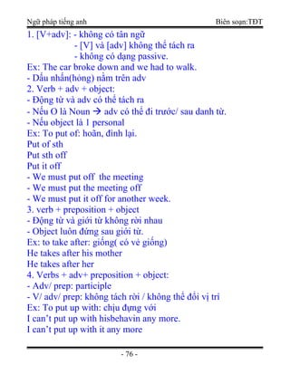 Ngữ pháp tiếng anh Biên soạn:TĐT
1. [V+adv]: - không có tân ngữ
- [V] và [adv] không thể tách ra
- không có dạng passive.
Ex: The car broke down and we had to walk.
- Dấu nhấn(hỏng) nằm trên adv
2. Verb + adv + object:
- Động từ và adv có thể tách ra
- Nếu O là Noun  adv có thể đi trước/ sau danh từ.
- Nếu object là 1 personal
Ex: To put of: hoãn, đình lại.
Put of sth
Put sth off
Put it off
- We must put off the meeting
- We must put the meeting off
- We must put it off for another week.
3. verb + preposition + object
- Động từ và giới từ không rời nhau
- Object luôn đứng sau giới từ.
Ex: to take after: giống( có vẻ giống)
He takes after his mother
He takes after her
4. Verbs + adv+ preposition + object:
- Adv/ prep: participle
- V/ adv/ prep: không tách rời / không thể đổi vị trí
Ex: To put up with: chịu đựng với
I can’t put up with hisbehavin any more.
I can’t put up with it any more
- 76 -
 