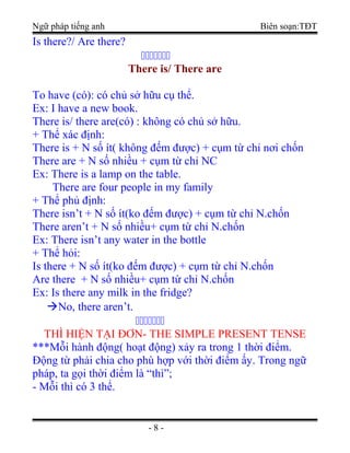 Ngữ pháp tiếng anh Biên soạn:TĐT
Is there?/ Are there?

There is/ There are
To have (có): có chủ sở hữu cụ thể.
Ex: I have a new book.
There is/ there are(có) : không có chủ sở hữu.
+ Thể xác định:
There is + N số ít( không đếm được) + cụm từ chỉ nơi chốn
There are + N số nhiều + cụm từ chỉ NC
Ex: There is a lamp on the table.
There are four people in my family
+ Thể phủ định:
There isn’t + N số ít(ko đếm được) + cụm từ chỉ N.chốn
There aren’t + N số nhiều+ cụm từ chỉ N.chốn
Ex: There isn’t any water in the bottle
+ Thể hỏi:
Is there + N số ít(ko đếm được) + cụm từ chỉ N.chốn
Are there + N số nhiều+ cụm từ chỉ N.chốn
Ex: Is there any milk in the fridge?
No, there aren’t.

THÌ HIỆN TẠI ĐƠN- THE SIMPLE PRESENT TENSE
***Mỗi hành động( hoạt động) xảy ra trong 1 thời điểm.
Động từ phải chia cho phù hợp với thời điểm ấy. Trong ngữ
pháp, ta gọi thời điểm là “thì”;
- Mỗi thì có 3 thể.
- 8 -
 