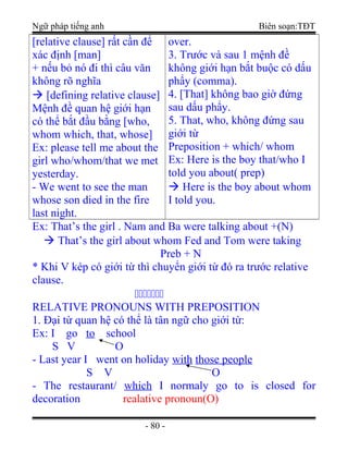 Ngữ pháp tiếng anh Biên soạn:TĐT
[relative clause] rất cần để
xác định [man]
+ nếu bỏ nó đi thì câu văn
không rõ nghĩa
 [defining relative clause]
Mệnh đề quan hệ giới hạn
có thể bắt đầu bằng [who,
whom which, that, whose]
Ex: please tell me about the
girl who/whom/that we met
yesterday.
- We went to see the man
whose son died in the fire
last night.
over.
3. Trước và sau 1 mệnh đề
không giới hạn bắt buộc có dấu
phẩy (comma).
4. [That] không bao giờ đứng
sau dấu phẩy.
5. That, who, không đứng sau
giới từ
Preposition + which/ whom
Ex: Here is the boy that/who I
told you about( prep)
 Here is the boy about whom
I told you.
Ex: That’s the girl . Nam and Ba were talking about +(N)
 That’s the girl about whom Fed and Tom were taking
Preb + N
* Khi V kép có giới từ thì chuyển giới từ đó ra trước relative
clause.
ccccccc
RELATIVE PRONOUNS WITH PREPOSITION
1. Đại từ quan hệ có thể là tân ngữ cho giới từ:
Ex: I go to school
S V O
- Last year I went on holiday with those people
S V O
- The restaurant/ which I normaly go to is closed for
decoration realative pronoun(O)
- 80 -
 