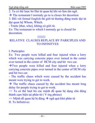 Ngữ pháp tiếng anh Biên soạn:TĐT
2. Ta có thể lược bỏ Đai từ quan hệ khi nó làm tân ngữ.
 The restaurant I normaly go to is closes for decortion
3. Đối với formal English thì giới từ thường đứng trước đại từ
đại quan hệ Whom, Which.
- Trước [that, who], không có giới từ.
Ex: The restaurant to which I normaly go is closed for
decoration.
ccccccc
RELATIVE CLAUSES REPLACE BY PARICIPLES AND
TO INFINITVES
I. Participles
Ex: Two people were killed and four injured when a lorry
which was carrying concrete pipes over turned in the center
over turned in the center of HCM city and hit two car.
Two people were killed and four injured when a lorry
carrying concrete pipes over turned in the center of HCM city
and hit two car.
- The traffic chaos which were caused by the accident has
meant were trying to get to work.
 The traffic chaos caused by the accident has meant long
delay for people trying to get to work.
=> Ta có thể lượt bỏ các mệnh đề quan hệ dạng chủ động
thành cụm hiện tại phân từ ( V-ing phrase)
=> Mệnh đề quan hệ bị động  ngữ quá khứ phân từ
II. To Infinitives
- 81 -
 