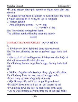 Ngữ pháp tiếng anh Biên soạn:TĐT
 Dùng present participle: người đàn ông ra ngoài cầm theo
thức ăn.
 Dùng: Having eaten his dinner, he rusked out of the house.
( Người đàn ông ăn tối xong, thì vội vả ra ngoài)
2. Perfect gerund.
- Dùng giống như gerund - V1 +V- ing
- V1 + Prep + V- ing
Ex: They denied having been there.
The children admitted having taken the money.
ccccccc
MISRELATED PARTICIPLES - QUAN HỆ SAI
I.
-1 PP được coi là N/ đại từ mà đứng ngay trước nó.
Ex: The boy, climbing the tree to get bird’ eggs, had a bad
fall.
- Nếu ko có N/ đại từ đứng trước, PP được coi như thuộc về
chủ ngữ của mệnh đề chính phía sau
Ex: Climbing the tree to get bird’s eggs, the boy had a bad
fall.
II.
- Đôi khi công thức trên ko được chú ý, gây ra hiểu nhầm.
Ex. Climbing down the tree, one of the eggs broke.
( cái trứng tự trèo xuống( sai) và tự vỡ)
- Một PP được hiểu sai S/ đại từ: gọi là quan hệ sai.
 Một PP được hiểu sai S đại từ : gọi là quan hệ sai
 Climbing down the tree he broke ones of the eggs.
= As he was climbing down the tree one of the eggs broke.
- 90 -
 