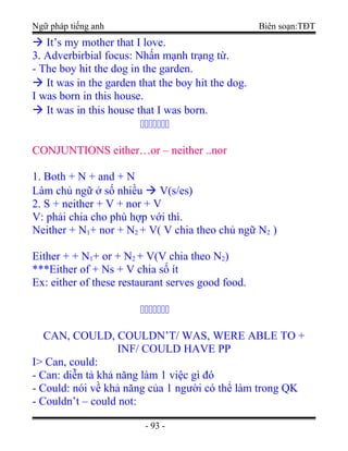 Ngữ pháp tiếng anh Biên soạn:TĐT
 It’s my mother that I love.
3. Adverbirbial focus: Nhấn mạnh trạng từ.
- The boy hit the dog in the garden.
 It was in the garden that the boy hit the dog.
I was born in this house.
 It was in this house that I was born.
ccccccc
CONJUNTIONS either…or – neither ..norCONJUNTIONS either…or – neither ..nor
1. Both + N + and + N
Làm chủ ngữ ở số nhiều  V(s/es)
2. S + neither + V + nor + V
V: phải chia cho phù hợp với thì.
Neither + N1+ nor + N2 + V( V chia theo chủ ngữ N2 )
Either + + N1+ or + N2 + V(V chia theo N2)
***Either of + Ns + V chia số ít
Ex: either of these restaurant serves good food.
ccccccc
CAN, COULD, COULDN’T/ WAS, WERE ABLE TO +
INF/ COULD HAVE PP
I> Can, could:
- Can: diễn tả khả năng làm 1 việc gì đó
- Could: nói về khả năng của 1 người có thể làm trong QK
- Couldn’t – could not:
- 93 -
 