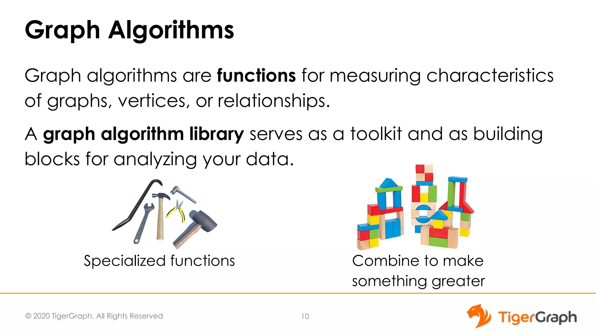 © 2020 TigerGraph. All Rights Reserved Graph algorithms are functions for measuring characteristics of graphs, vertices, or relationships. A graph algorithm library serves as a toolkit and as building blocks for analyzing your data. Specialized functions Combine to make something greater Graph Algorithms 10 