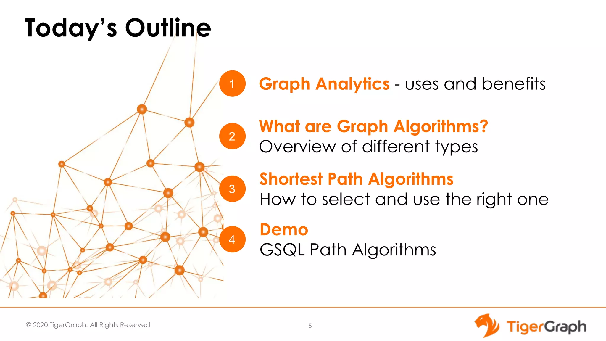 © 2020 TigerGraph. All Rights Reserved Today’s Outline 5 1 3 2 Graph Analytics - uses and benefits Shortest Path Algorithms How to select and use the right one What are Graph Algorithms? Overview of different types 4 Demo GSQL Path Algorithms 