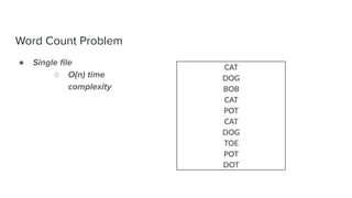 Word Count Problem
● Single ﬁle
○ O(n) time
complexity
 