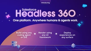 Introducing
Headless 36O
Salesforce
One platform. Anywhere humans & agents work.
Build using any
coding agent
or IDE
Render using
any UI
framework
Deploy
experiences on
any surface
 