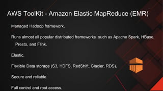 AWS ToolKit - Amazon Elastic MapReduce (EMR)
Managed Hadoop framework.
Runs almost all popular distributed frameworks such as Apache Spark, HBase,
Presto, and Flink.
Elastic.
Flexible Data storage (S3, HDFS, RedShift, Glacier, RDS).
Secure and reliable.
Full control and root access.
 