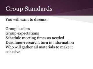 Group Standards
You will want to discuss:
Group leaders
Group expectations
Schedule meeting times as needed
Deadlines-research, turn in information
Who will gather all materials to make it
cohesive
 