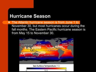 Hurricane Season The Atlantic hurricane season is from June 1 to November 30, but most hurricanes occur during the fall months. The Eastern Pacific hurricane season is from May 15 to November 30.  