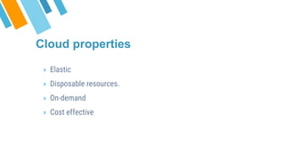 » Elastic
» Disposable resources.
» On-demand
» Cost effective
Cloud properties
 