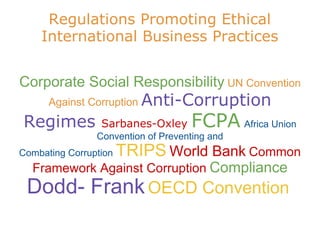 Regulations Promoting Ethical International Business Practices Corporate Social Responsibility   UN Convention Against Corruption   Anti-Corruption Regimes  Sarbanes-Oxley  FCPA   Africa Union Convention of Preventing and Combating Corruption   TRIPS   World Bank   Common Framework Against Corruption   Compliance   Dodd- Frank   OECD Convention   