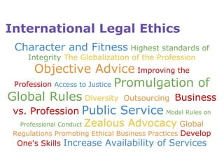 International Legal Ethics Character and Fitness   Highest standards of Integrity   The Globalization of the Profession  Objective Advice   Improving the Profession   Access to Justice   Promulgation of Global Rules   Diversity   Outsourcing   Business vs. Profession   Public Service   Model Rules on Professional Conduct  Zealous Advocacy   Global  Regulations Promoting Ethical Business Practices  Develop One's Skills  Increase Availability of Services 