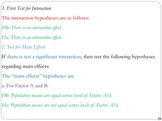 29
1. First Test for Interaction
The interaction hypotheses are as follows:
H0: There is no interaction effect.
Ha: There is an interaction effect.
2. Test for Main Effects
If there is not a significant interaction, then test the following hypotheses
regarding main effects:
The “main effects” hypotheses are
a. For Factor A and B:
H0: Population means are equal across levels of Factor A/b.
Ha: Population means are not equal across levels of Factor A/b.
 