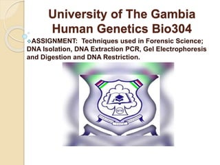University of The Gambia
Human Genetics Bio304
ASSIGNMENT: Techniques used in Forensic Science;
DNA Isolation, DNA Extraction PCR, Gel Electrophoresis
and Digestion and DNA Restriction.
 