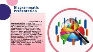 Diagrammatic
Presentation
Diagrammatic
representation refers to a
representation of statistical data
in the form of diagrams. The
diagrams used in representing
statistical data are geometrical
figures, such as lines, bars, and
circles. The intention of using
geometrical figures in statistical
presentation is to make the study
more interesting and easy to
understand. Diagrammatic
representations are widely used in
statistics, economics, and many
other fields of study.
 