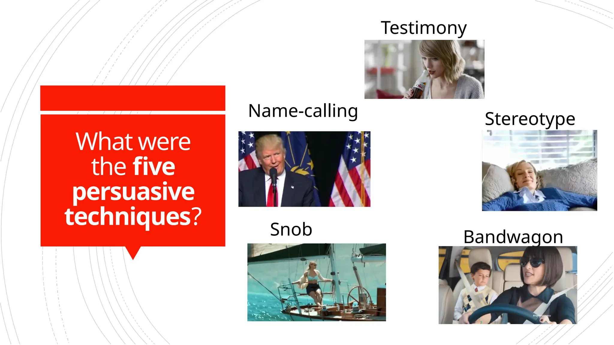 What were
the five
persuasive
techniques?
Testimony
Bandwagon
Name-calling Stereotype
Snob
Appeal
 