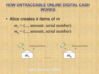 • Alice creates k items of m
Random Serial Number
m1
Random Serial Number
, …, mk
m1 = (…, amount, serial number)
mk = (…, amount, serial number)
15
 