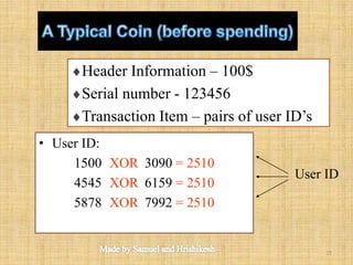 • User ID:
1500 XOR 3090 = 2510
4545 XOR 6159 = 2510
5878 XOR 7992 = 2510
User ID
Header Information – 100$
Serial number - 123456
Transaction Item – pairs of user ID’s
25
 