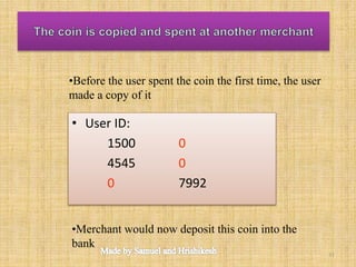 • User ID:
1500 0
4545 0
0 7992
•Before the user spent the coin the first time, the user
made a copy of it
•Merchant would now deposit this coin into the
bank
31
 
