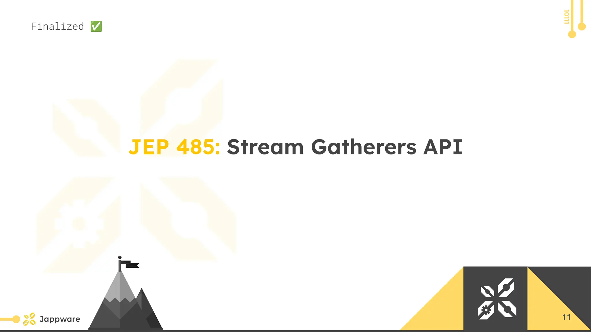 10111
JEP 485: Stream Gatherers API
Finalized ✅
11
 