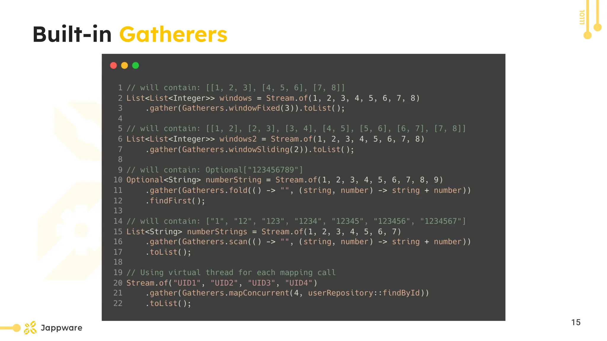 10111
Built-in Gatherers
15
 