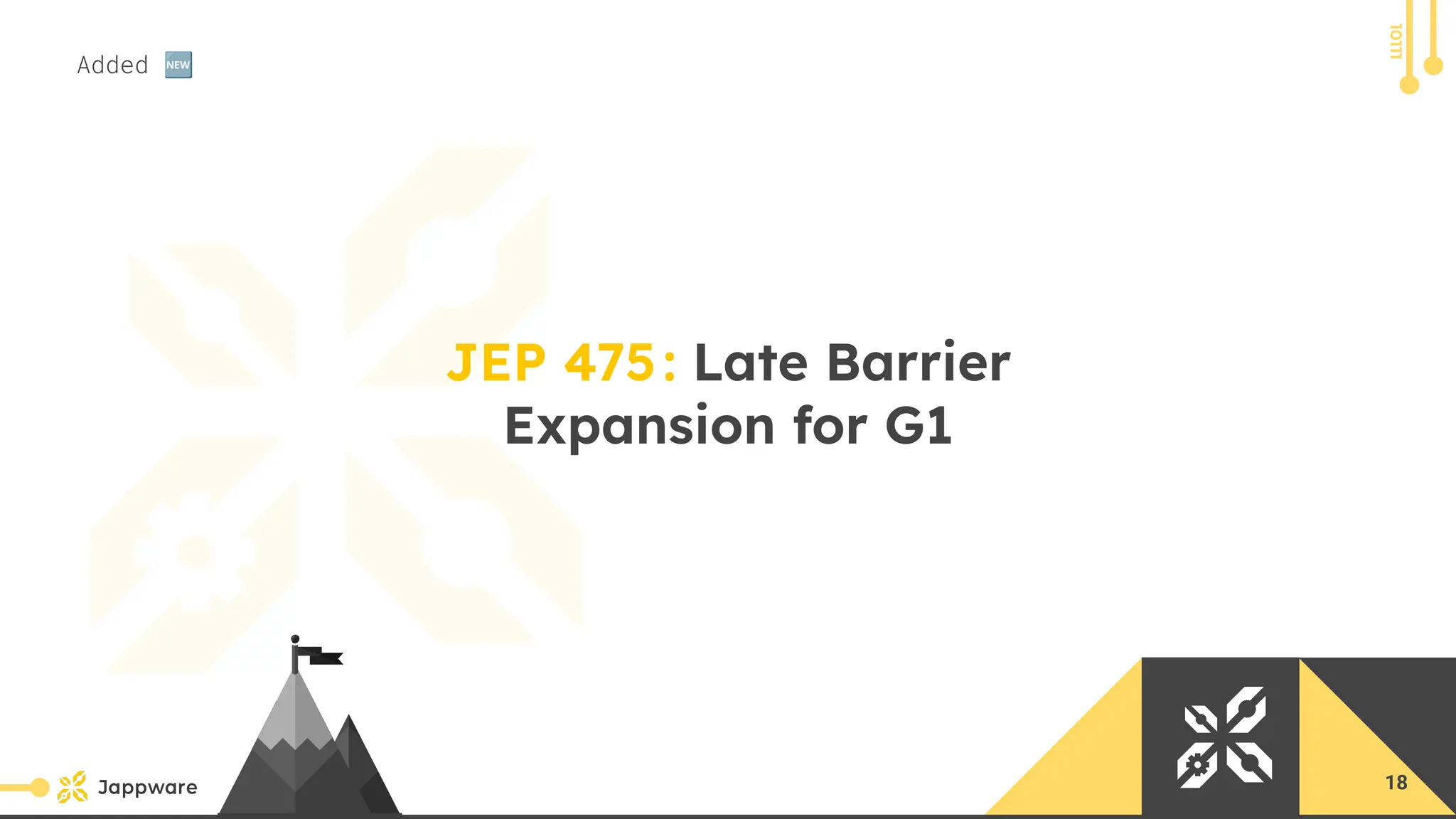 10111
JEP 475: Late Barrier
Expansion for G1
Added 🆕
18
 