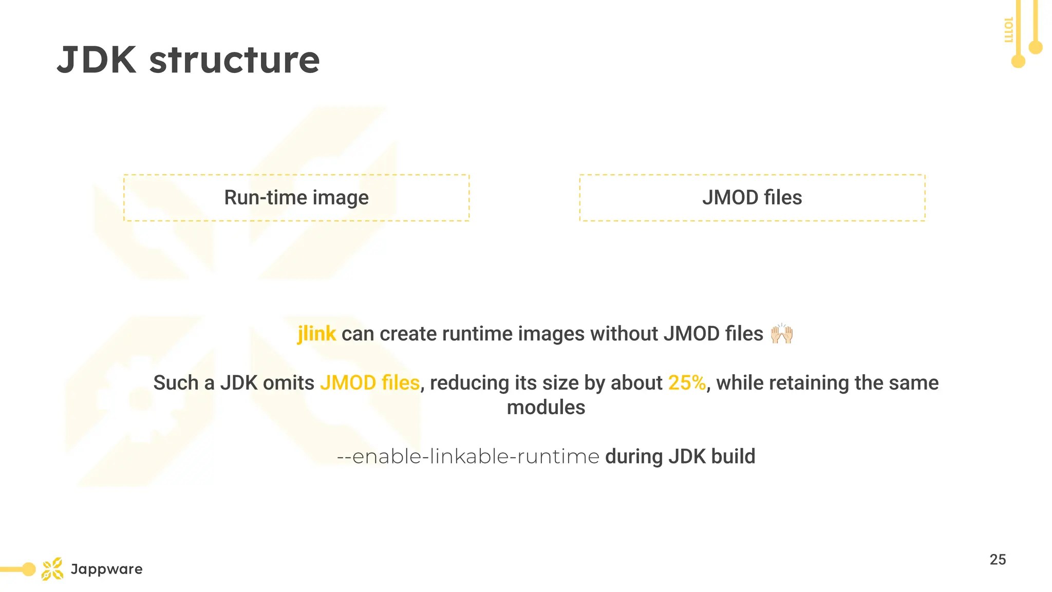 10111
JDK structure
Run-time image JMOD ﬁles
jlink can create runtime images without JMOD ﬁles 󰚗
Such a JDK omits JMOD ﬁles, reducing its size by about 25%, while retaining the same
modules
--enable-linkable-runtime during JDK build
25
 