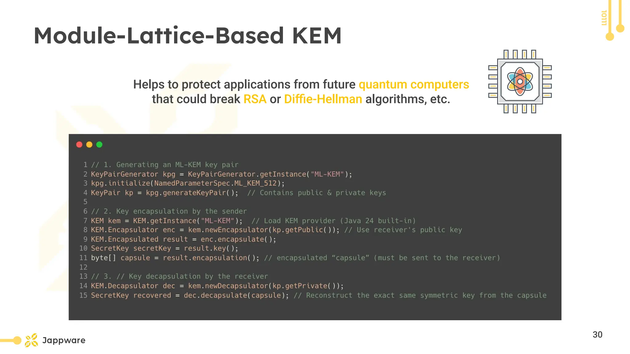 10111
Module-Lattice-Based KEM
Helps to protect applications from future quantum computers
that could break RSA or Diﬃe-Hellman algorithms, etc.
30
 