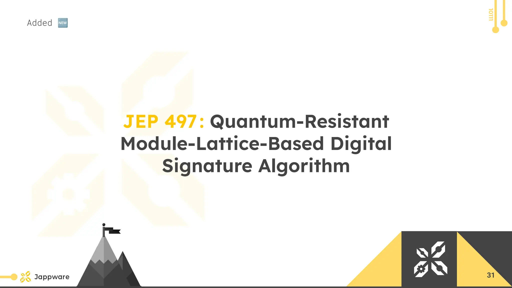 10111
JEP 497: Quantum-Resistant
Module-Lattice-Based Digital
Signature Algorithm
Added 🆕
31
 