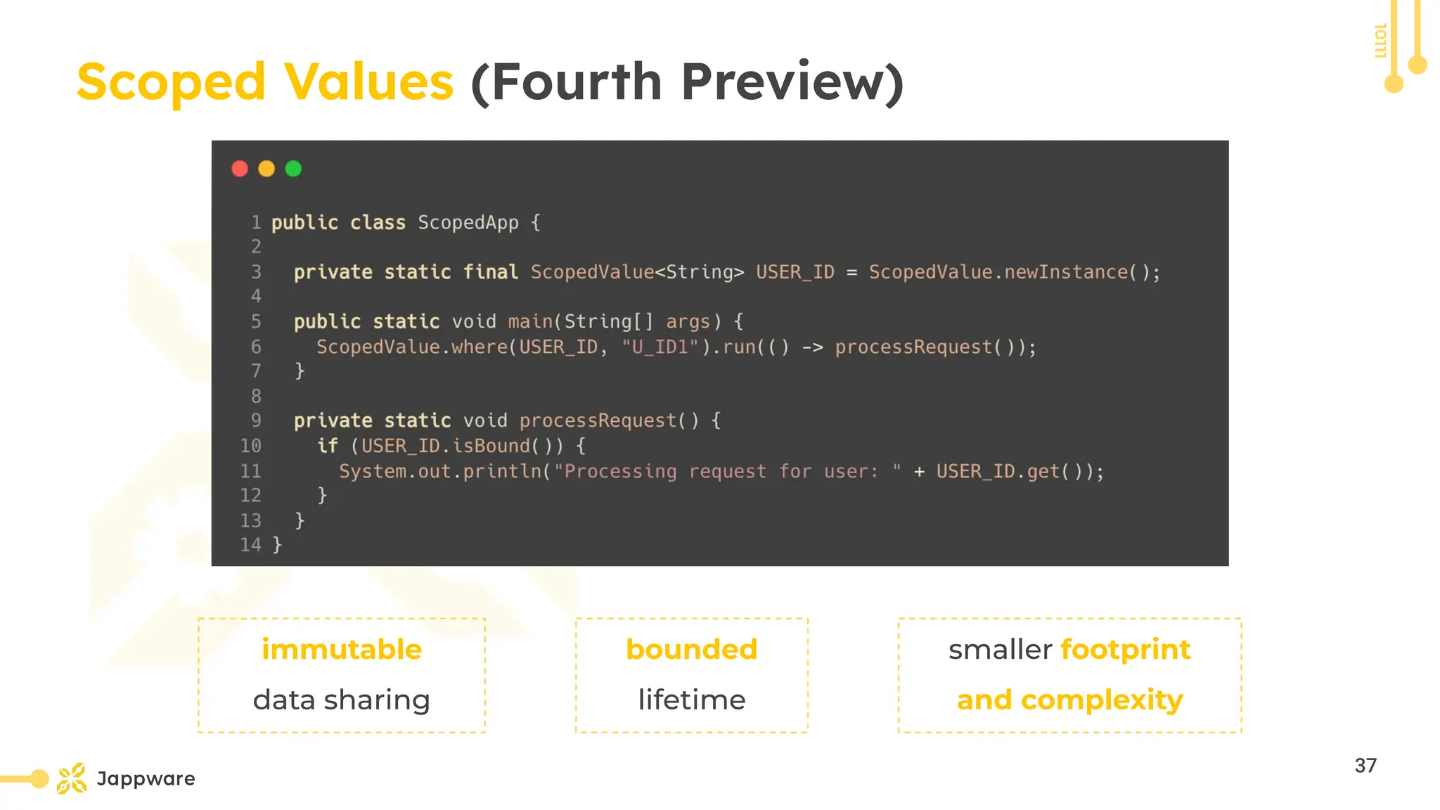 10111
Scoped Values (Fourth Preview)
immutable
data sharing
bounded
lifetime
smaller footprint
and complexity
37
 