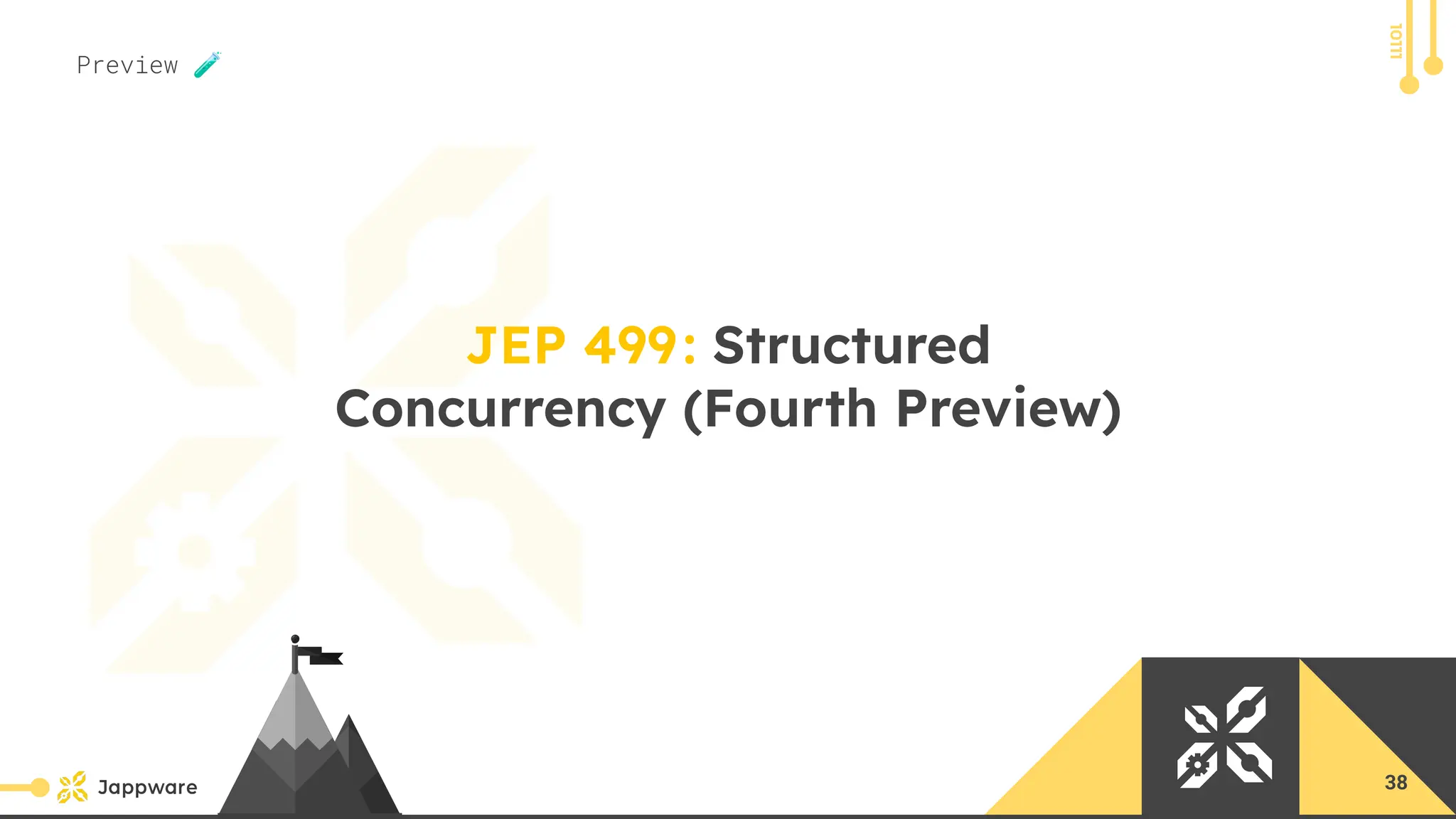 10111
JEP 499: Structured
Concurrency (Fourth Preview)
Preview 🧪
38
 