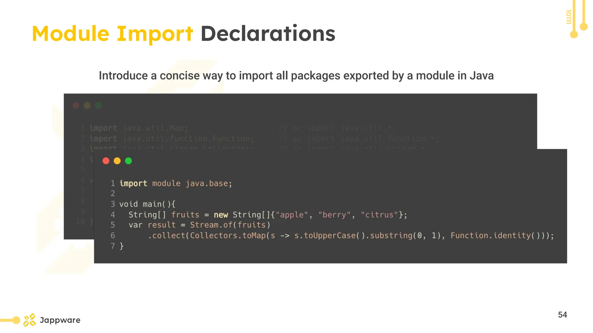 10111
Module Import Declarations
Introduce a concise way to import all packages exported by a module in Java
54
 
