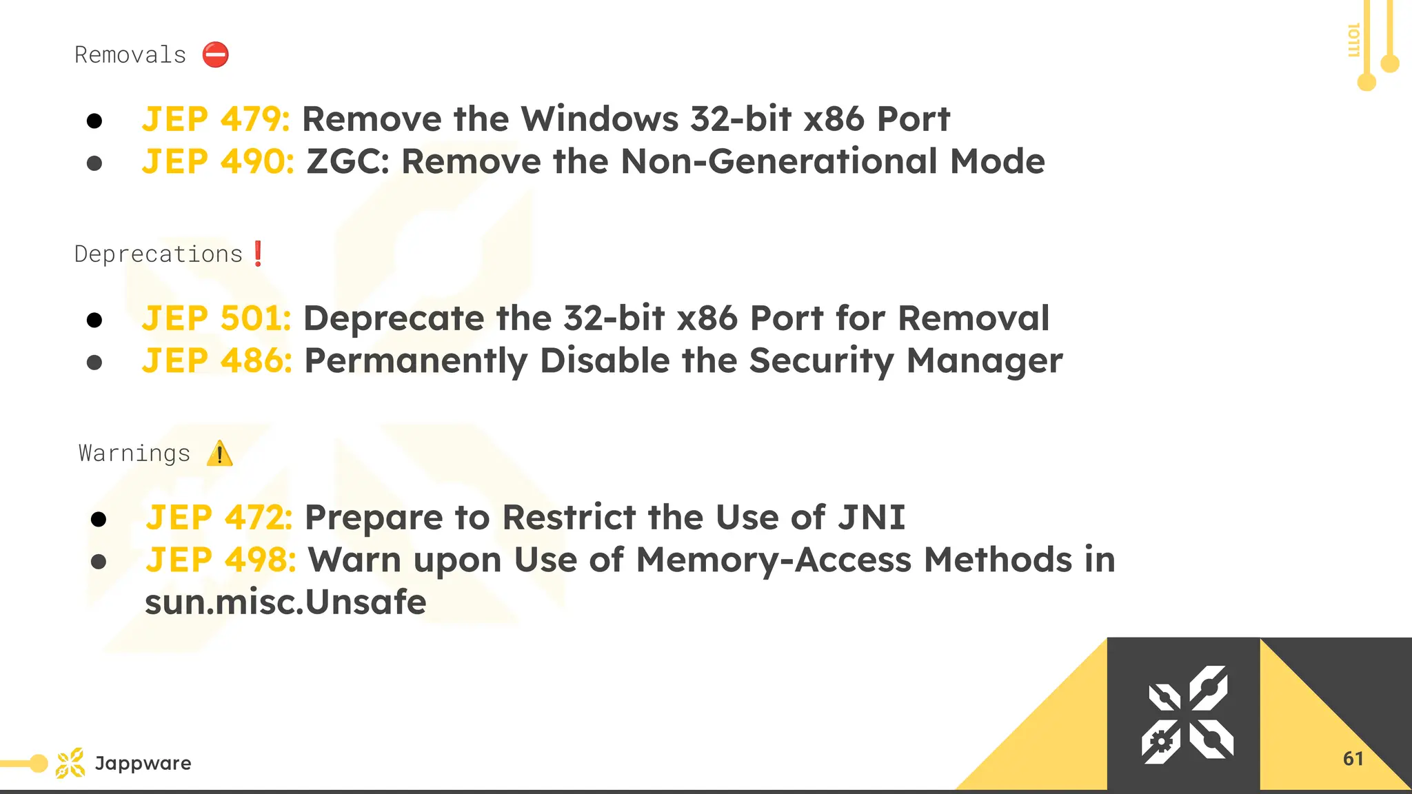 10111
● JEP 479: Remove the Windows 32-bit x86 Port
● JEP 490: ZGC: Remove the Non-Generational Mode
Removals ⛔
● JEP 501: Deprecate the 32-bit x86 Port for Removal
● JEP 486: Permanently Disable the Security Manager
Deprecations❗
● JEP 472: Prepare to Restrict the Use of JNI
● JEP 498: Warn upon Use of Memory-Access Methods in
sun.misc.Unsafe
Warnings ⚠
61
 