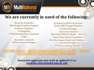 We are currently in need of the following: 
Financial Controller 
Marketing/Graphic Designer 
Software Engineer 
IT Helpdesk 
CSR/Administrative Assistant 
CSRs 
Executive Assistant 
Online Content Manager 
Architect with Revit (Senior) 
Senior MEP Design Modeller 
Practice Manager 
Senior Accountant 
Microsoft CRM Developer - .Net C# 
Senior SharePoint Consultant 2 
Web Developer/front end/Umbraco 1 
Account Manager 
CPA/Accounting Manager 
DAYSHIFT ROLE | ABOVE AVERAGE MONTHLY SALARY | DIRECT 
ENGAGEMENT WITH FOREIGN EMPLOYERS 
Interested applicants may send an updated CV to: 
madeline.biay@multirational.com 
