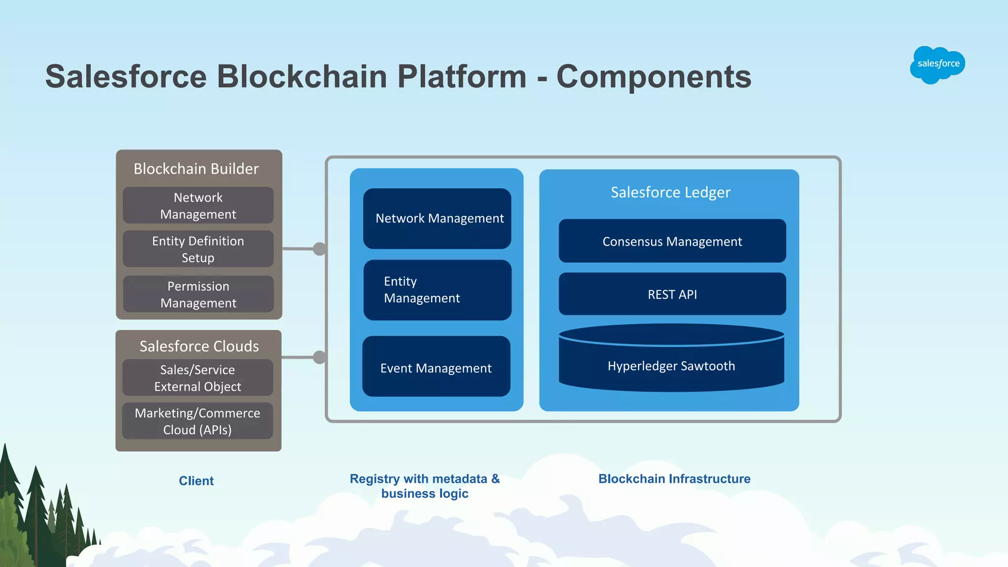 Salesforce Blockchain Platform - Components Blockchain Builder Network Management Entity Definition Setup Core Services Consensus Management REST API Hyperledger Sawtooth Salesforce Ledger Entity Management Event Management Salesforce Clouds Sales/Service External Object Permission Management Marketing/Commerce Cloud (APIs) Network Management Client Registry with metadata & business logic Blockchain Infrastructure 