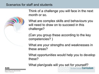 Think of a challenge you will face in the next month or so. What are complex skills and behaviours you will need to draw on to succeed in this challenge? Scenarios for staff and students (Can you group these according to the key competencies? ) What are your strengths and weaknesses in these areas? What opportunities would help you to develop these? What plan/goals will you set for yourself? 