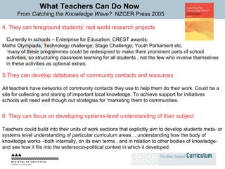 What Teachers Can Do Now From  Catching the Knowledge Wave?  NZCER Press 2005 5.They can develop databases of community contacts and resources All teachers have networks of community contacts they use to help them do their work. Could be a site for collecting and storing of important local knowledge. To achieve support for initiatives schools will need well though out strategies for ‘marketing them to communities. 6. They can focus on developing systems-level understanding of their subject Teachers could build into their units of work sections that explicitly aim to develop students meta- or systems level understanding of particular curriculum areas….understanding how the body of knowledge works –both internally, on its own terms , and in relation to other bodies of knowledge- and see how it fits into the widersocio-political context in which it developed. 4.   They can foreground students’ real world research projects Currently in schools – Enterprise for Education; CREST awards;  Maths Olympiads, Technology challenge; Stage Challenge; Youth Parliament etc. ‘many of these programmes could be redesigned to make them prominent parts of school activities, so structuring classroom learning for all students , not the few who involve themselves in these activities as optional extras. 