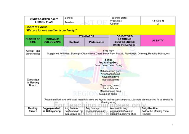 Copy Of Kindergarten Daily Lesson Plan Week 12 Pdf Daycare And Pre