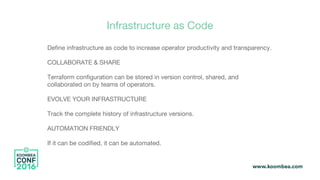 Infrastructure as Code
Define infrastructure as code to increase operator productivity and transparency.
COLLABORATE & SHARE
Terraform configuration can be stored in version control, shared, and
collaborated on by teams of operators.
EVOLVE YOUR INFRASTRUCTURE
Track the complete history of infrastructure versions.
AUTOMATION FRIENDLY
If it can be codified, it can be automated.
 