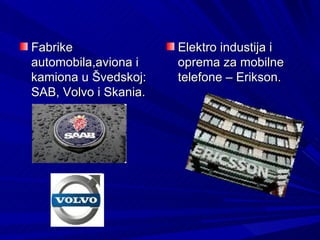 Fabrike                Elektro industija i
automobila,aviona i    oprema za mobilne
kamiona u Švedskoj:    telefone – Erikson.
SAB, Volvo i Skania.
 