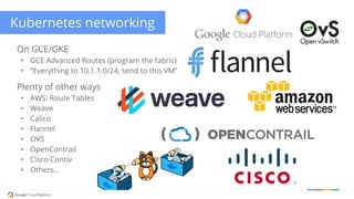 Kubernetes networking
On GCE/GKE
• GCE Advanced Routes (program the fabric)
• “Everything to 10.1.1.0/24, send to this VM”
Plenty of other ways
• AWS: Route Tables
• Weave
• Calico
• Flannel
• OVS
• OpenContrail
• Cisco Contiv
• Others...
 