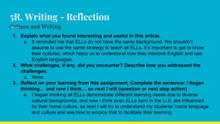 5R. Writing - Reflection
Culture and Writing
1. Explain what you found interesting and useful in this article.
a. It reminded me that ELLs do not have the same background. We shouldn’t
assume to use the same strategy to teach all ELLs. It’s important to get to know
their cultures, which helps us to understand how they interpret English and use
English languages.
2. What challenges, if any, did you encounter? Describe how you addressed the
challenges.
a. None
3. Reflect on your learning from this assignment. Complete the sentence: I began
thinking… and now I think… so next I will (question or next step action)
a. I began thinking all ELLs demonstrate different learning needs due to diverse
cultural backgrounds, and now I think even ELLs born in the U.S. are influenced
by their home culture, so next I will try to understand my students’ home language
and culture and see how to employ that to facilitate their learning.
 